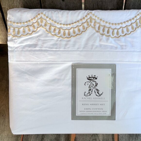 NEW Rachel Ashwell KING Size 100% Cool Crisp Cotton Sheet Set - Embroidered Hem - Picture 1 of 5